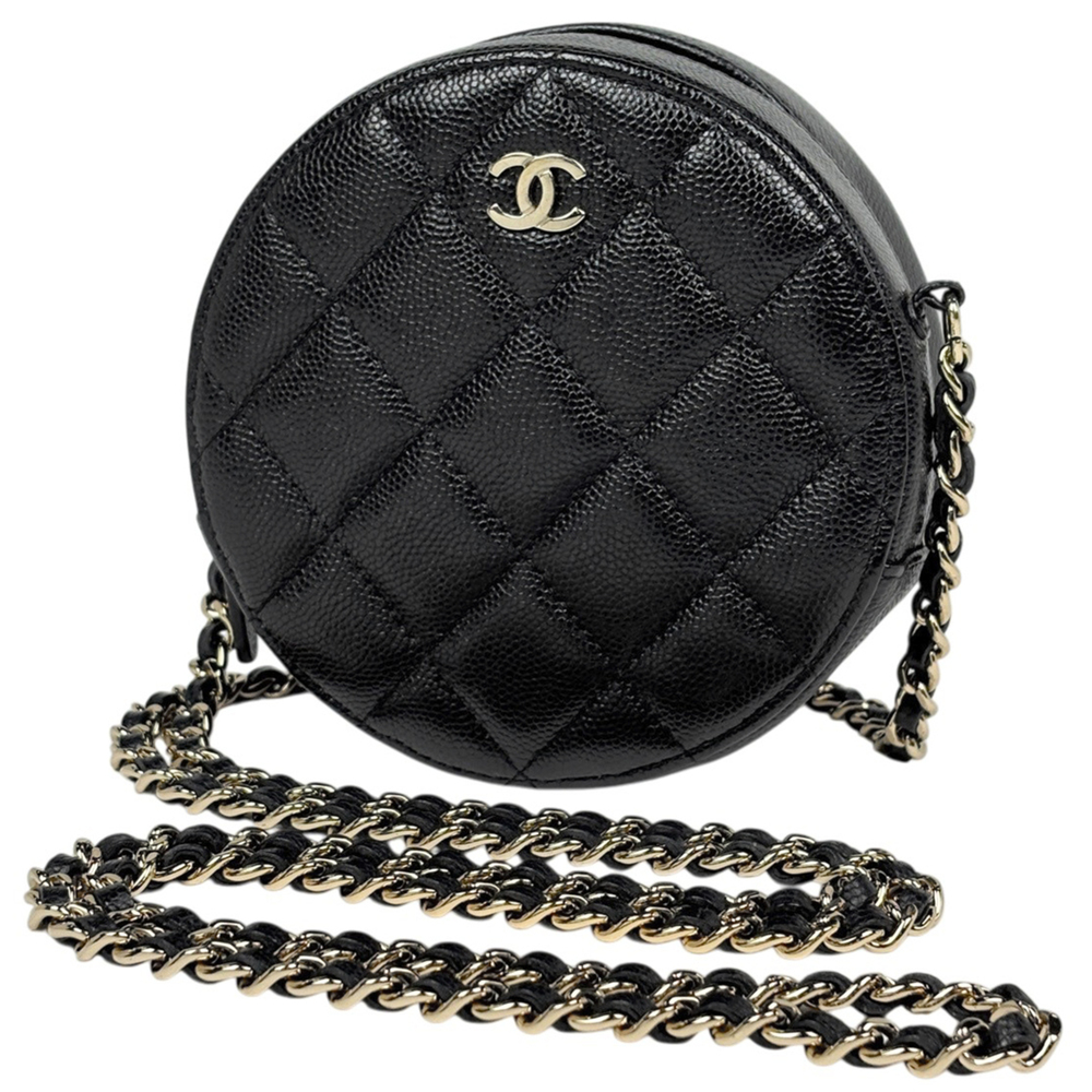 Chanel Coco Mark Round Chain Shoulder Bag, Matelassé Classic, Caviar Skin, Bl...